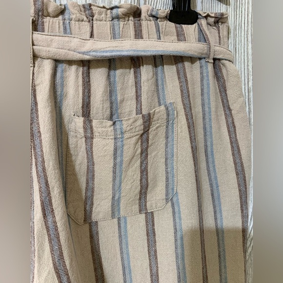 Rewash Linen Paper Bag Waist Wide Leg Striped Raw Edge Split Hem Crop Pants L - Picture 5 of 11